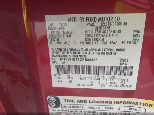 Aukcja sprzedaży 2013 Ford F-150 Fx4/king Ranch/lariat/limited/platinum/xl/xlt, vin: 1FTFW1ET6DFB88883, numer aukcji: 45487462