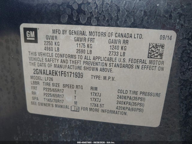 45487465 :رقم المزاد ، 2GNALAEK1F6171939 vin ، 2015 Chevrolet Equinox Ls مزاد بيع