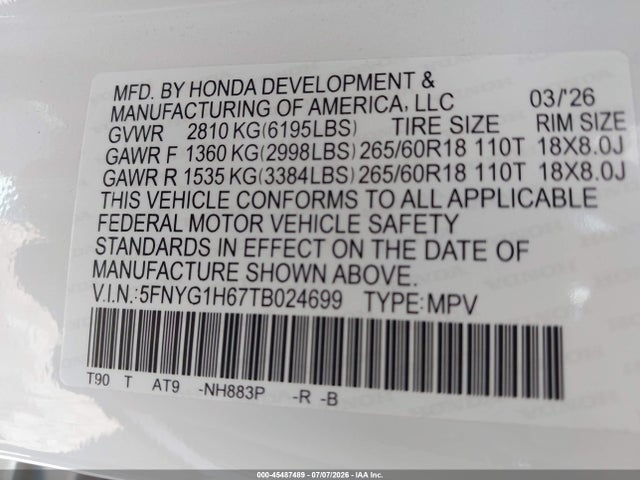 Aukcja sprzedaży 2026 Honda Pilot Trailsport, vin: 5FNYG1H67TB024699, numer aukcji: 45487489