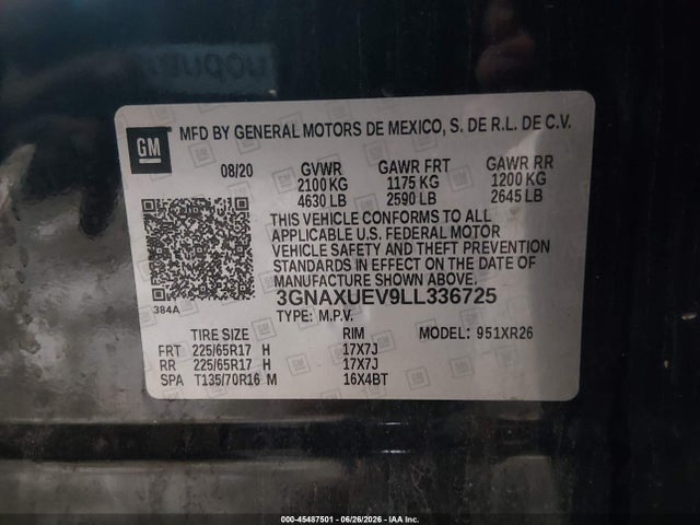 45487501 :رقم المزاد ، 3GNAXUEV9LL336725 vin ، 2020 Chevrolet Equinox Awd Lt 1.5l Turbo مزاد بيع