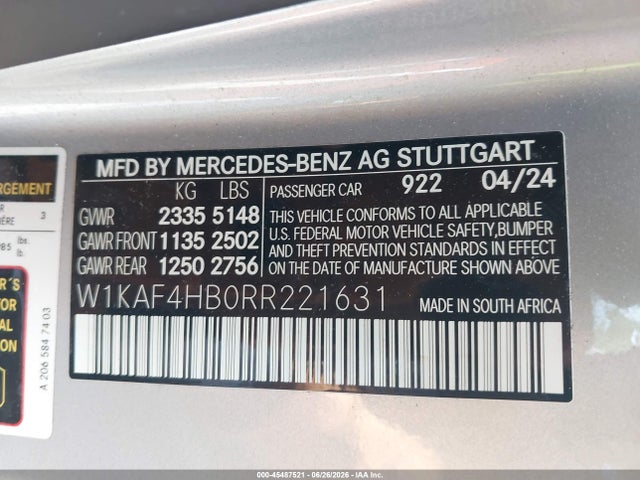 2024 Mercedes-benz C 300 მანქანა იყიდება აუქციონზე, vin: W1KAF4HB0RR221631, აუქციონის ნომერი: 45487521