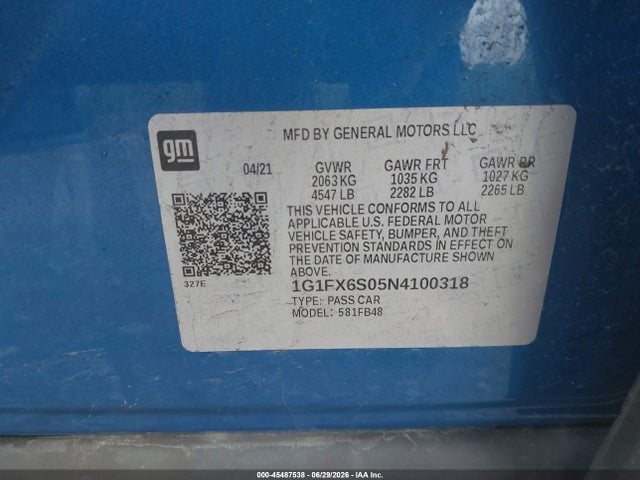 1G1FX6S05N4100318 Chevrolet Bolt Ev Fwd 2lt