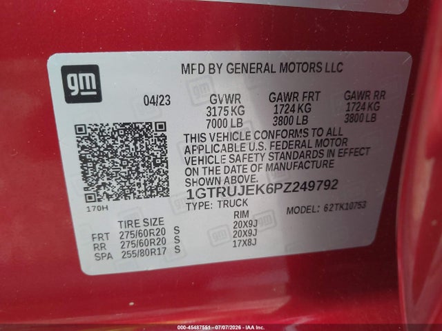 2023 Gmc Sierra 1500 4wd  Standard Box Elevation With 3vl მანქანა იყიდება აუქციონზე, vin: 1GTRUJEK6PZ249792, აუქციონის ნომერი: 45487551