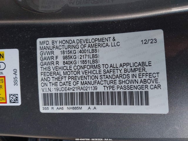 2024 Acura Integra მანქანა იყიდება აუქციონზე, vin: 19UDE4H21RA021139, აუქციონის ნომერი: 45487556