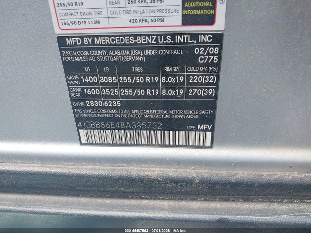 45487563 :رقم المزاد ، 4JGBB86E48A385732 vin ، 2008 Mercedes-benz Ml 350 4matic مزاد بيع