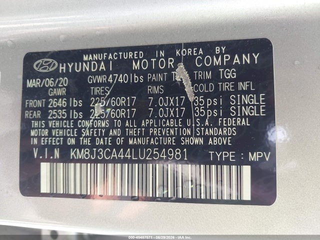 Продажа на аукционе авто 2020 Hyundai Tucson Value, vin: KM8J3CA44LU254981, номер лота: 45487571