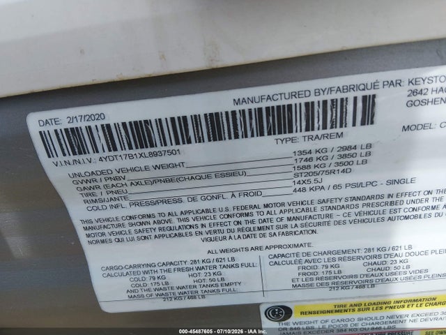 45487605 :رقم المزاد ، 4YDT17B1XL8937501 vin ، 2020 Keystone Coleman مزاد بيع