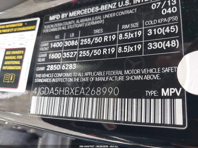 Продажа на аукционе авто 2014 Mercedes-benz Ml 350 4matic, vin: 4JGDA5HBXEA268990, номер лота: 45487637