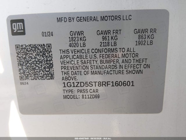 45487649 :رقم المزاد ، 1G1ZD5ST8RF160601 vin ، 2024 Chevrolet Malibu Fwd 1lt مزاد بيع