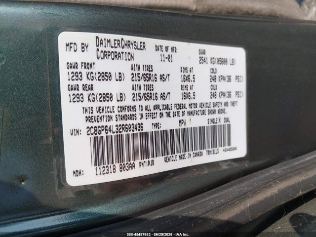 2002 Chrysler Town & Country Limited მანქანა იყიდება აუქციონზე, vin: 2C8GP64L32R603436, აუქციონის ნომერი: 45487683