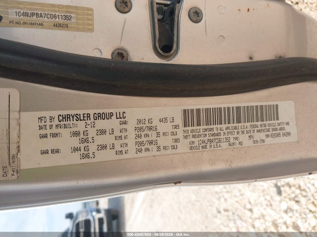 2012 Jeep Patriot Sport მანქანა იყიდება აუქციონზე, vin: 1C4NJPBA7CD611352, აუქციონის ნომერი: 45487685