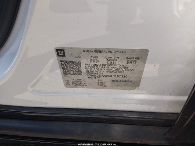 Aukcja sprzedaży 2019 Chevrolet Traverse Premier, vin: 1GNEVKKW4KJ197330, numer aukcji: 45487692