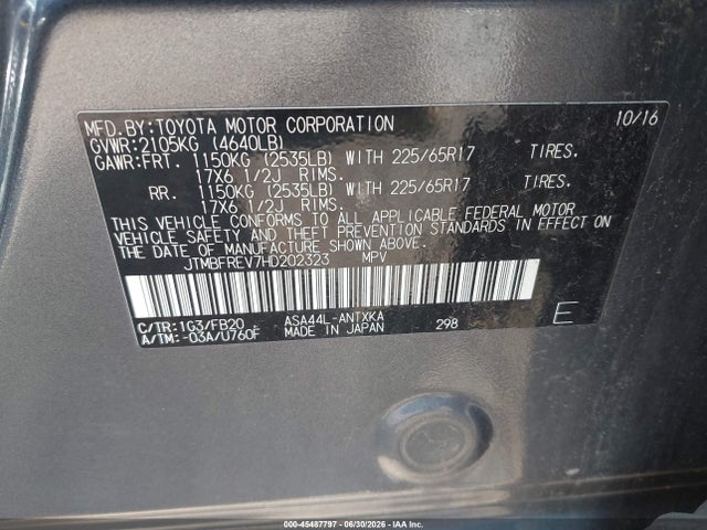 Auction sale of the 2017 Toyota Rav4 Le, vin: JTMBFREV7HD202323, lot number: 45487797