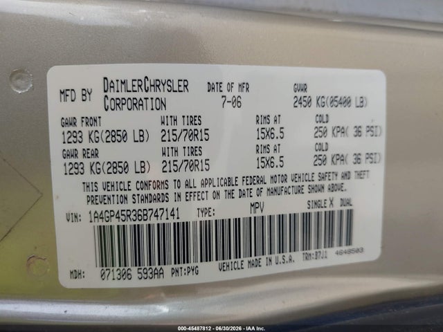 Aukcja sprzedaży 2006 Chrysler Town & Country, vin: 1A4GP45R36B747141, numer aukcji: 45487812