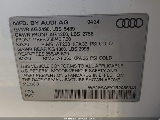 Aukcja sprzedaży 2024 Audi Q5 Prestige 45 Tfsi S Line Quattro S Tronic, vin: WA1FAAFY1R2088949, numer aukcji: 45487821
