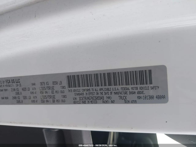 45487833 :رقم المزاد ، 3C6TRVAG7KE505949 vin ، 2019 Ram Promaster 1500 Low Roof 136 Wb مزاد بيع