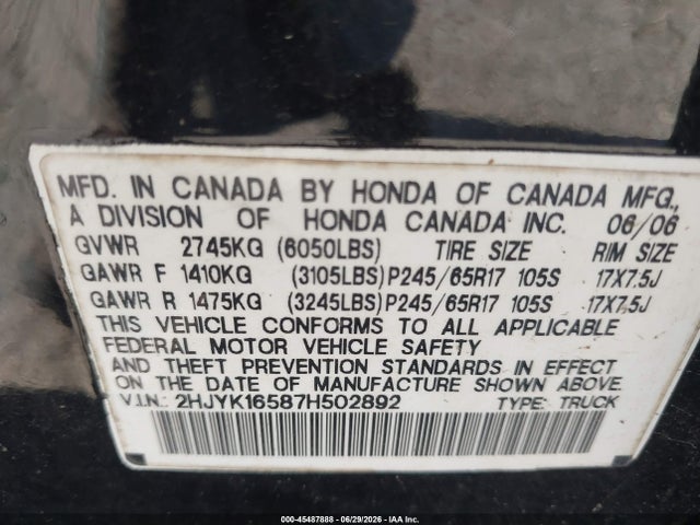 Aukcja sprzedaży 2007 Honda Ridgeline Rtl, vin: 2HJYK16587H502892, numer aukcji: 45487888