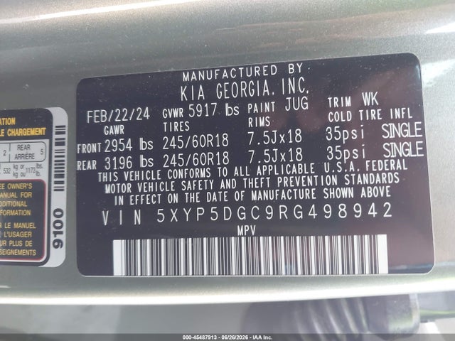 2024 Kia Telluride Sx Prestige X-pro მანქანა იყიდება აუქციონზე, vin: 5XYP5DGC9RG498942, აუქციონის ნომერი: 45487913