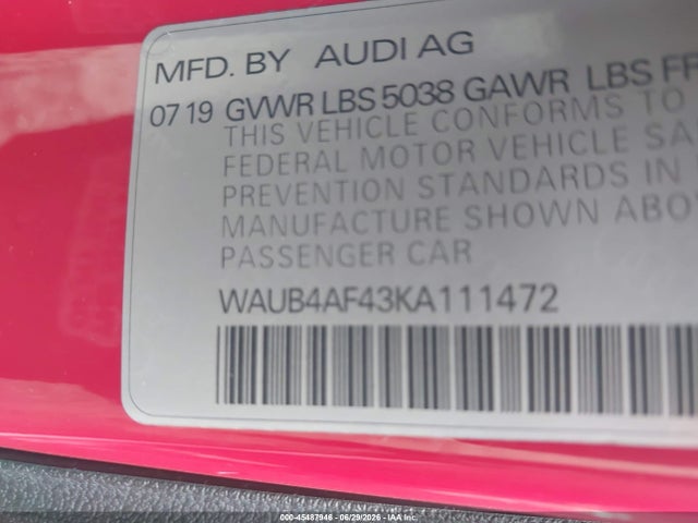 Aukcja sprzedaży 2019 Audi S4 3.0t Premium, vin: WAUB4AF43KA111472, numer aukcji: 45487946