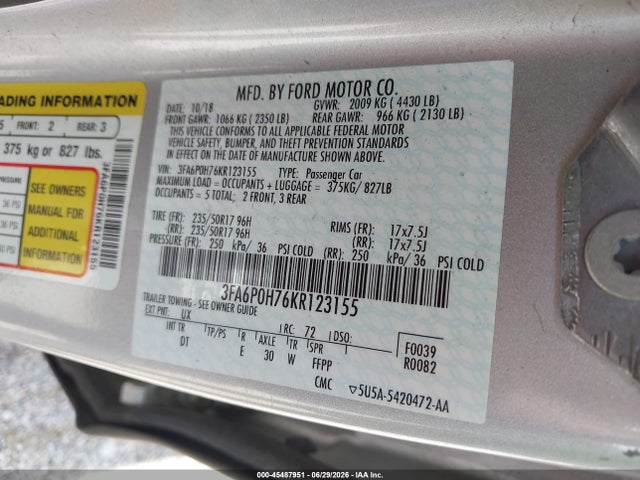 45487951 :رقم المزاد ، 3FA6P0H76KR123155 vin ، 2019 Ford Fusion Se مزاد بيع