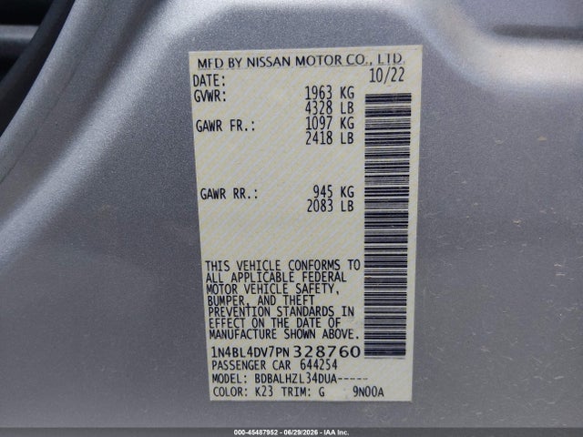 1N4BL4DV7PN328760 Nissan Altima Sv Fwd