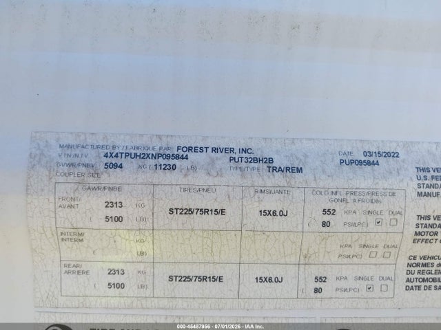 45487956 :رقم المزاد ، 4X4TTUH2XNP095844 vin ، 2022 Palomino Puma مزاد بيع