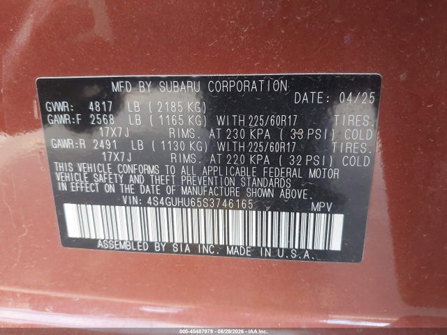 45487979 :رقم المزاد ، 4S4GUHU65S3746165 vin ، 2025 Subaru Crosstrek Wilderness مزاد بيع