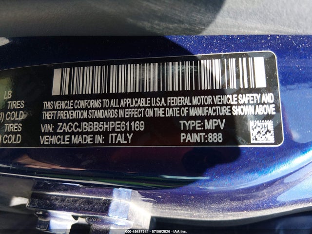 Продажа на аукционе авто 2017 Jeep Renegade Altitude, vin: ZACCJBBB5HPE61169, номер лота: 45487981