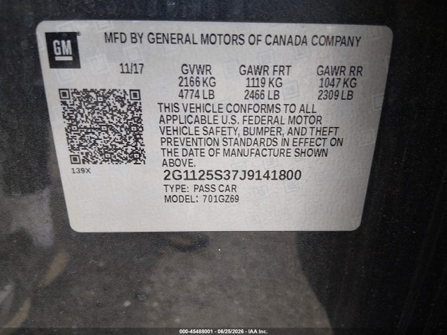 45488001 :رقم المزاد ، 2G1125S37J9141800 vin ، 2018 Chevrolet Impala 2lz مزاد بيع