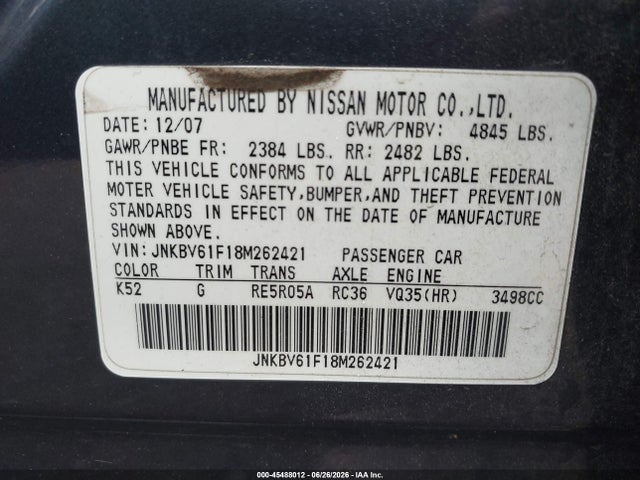 Aukcja sprzedaży 2008 Infiniti G35x, vin: JNKBV61F18M262421, numer aukcji: 45488012