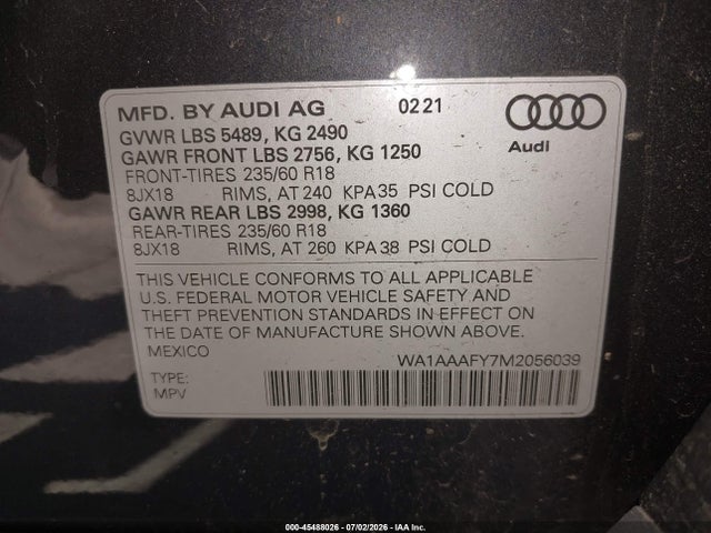 Продажа на аукционе авто 2021 Audi Q5 Premium 45 Tfsi Quattro S Tronic, vin: WA1AAAFY7M2056039, номер лота: 45488026