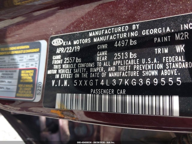 Auction sale of the 2019 Kia Optima Lx, vin: 5XXGT4L37KG369555, lot number: 45488036