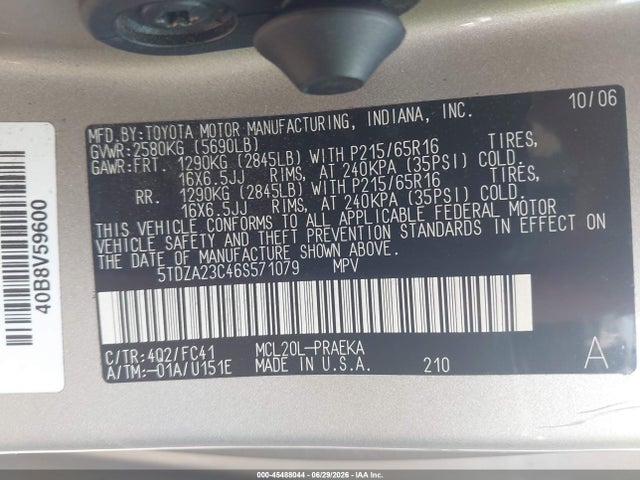 Aukcja sprzedaży 2006 Toyota Sienna Le, vin: 5TDZA23C46S571079, numer aukcji: 45488044