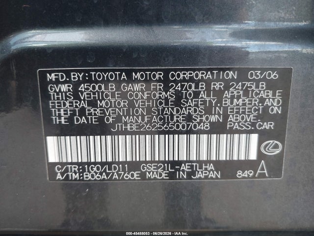 Aukcja sprzedaży 2006 Lexus Is 350, vin: JTHBE262565007048, numer aukcji: 45488053