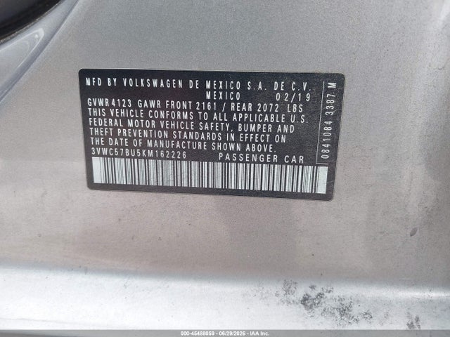 Aukcja sprzedaży 2019 Volkswagen Jetta 1.4t R-line/1.4t S/1.4t Se, vin: 3VWC57BU5KM162226, numer aukcji: 45488059