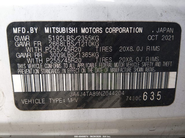 2022 Mitsubishi Outlander Es 2.5 S-awc მანქანა იყიდება აუქციონზე, vin: JA4J4TA89NZ044204, აუქციონის ნომერი: 45488074