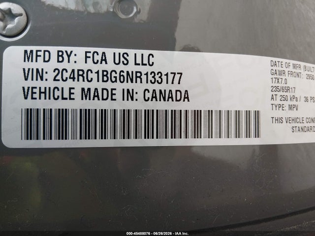 Продаж на аукціоні авто 2022 Chrysler Pacifica Touring L, vin: 2C4RC1BG6NR133177, номер лоту: 45488076
