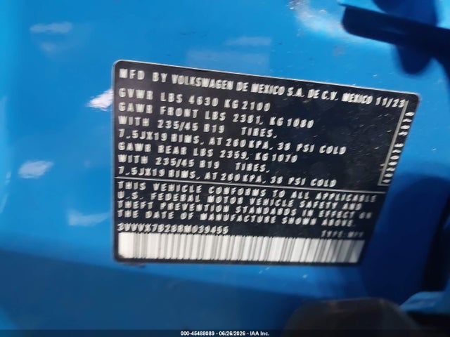 2024 Volkswagen Taos 1.5t Se მანქანა იყიდება აუქციონზე, vin: 3VVVX7B28RM039455, აუქციონის ნომერი: 45488089