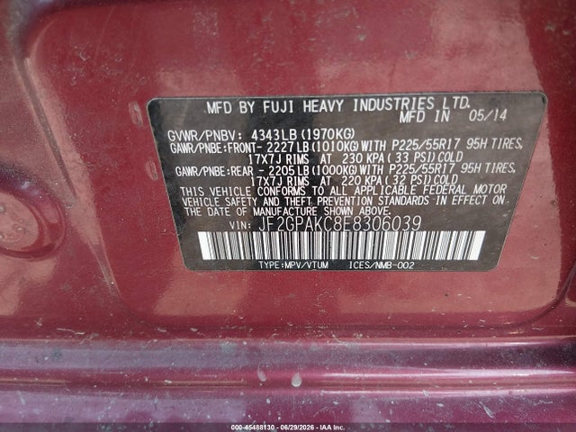 45488130 :رقم المزاد ، JF2GPAKC8E8306039 vin ، 2014 Subaru Xv Crosstrek 2.0i Limited مزاد بيع