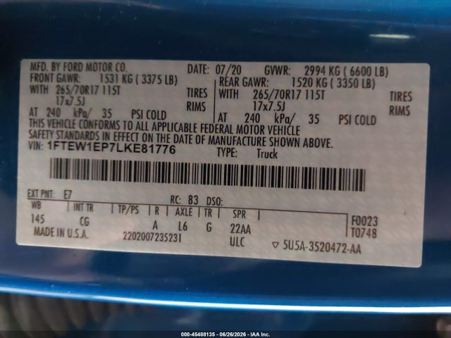 Auction sale of the 2020 Ford F-150 Lariat/xl/xlt, vin: 1FTEW1EP7LKE81776, lot number: 45488135