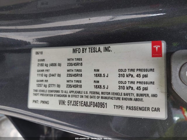 Продажа на аукционе авто 2018 Tesla Model 3 Long Range/mid Range, vin: 5YJ3E1EA8JF040951, номер лота: 45488139
