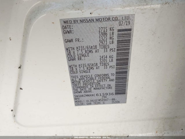 45488153 :رقم المزاد ، 5N1DR2MNXKC615936 vin ، 2019 Nissan Pathfinder Sl مزاد بيع