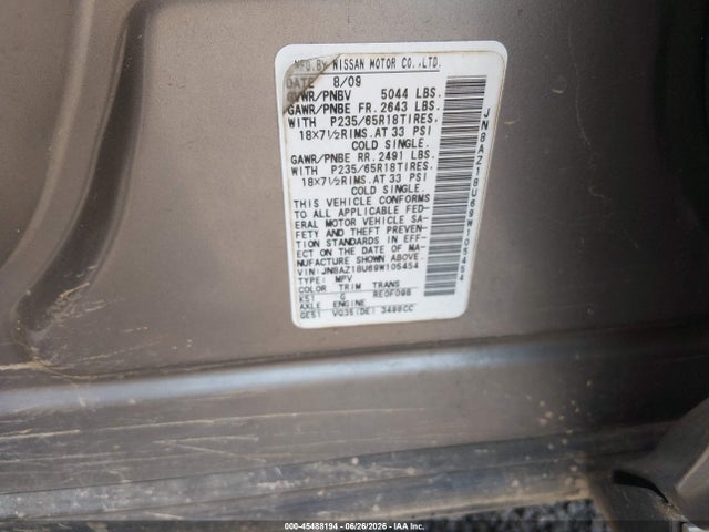 2009 Nissan Murano Sl მანქანა იყიდება აუქციონზე, vin: JN8AZ18U69W105454, აუქციონის ნომერი: 45488194
