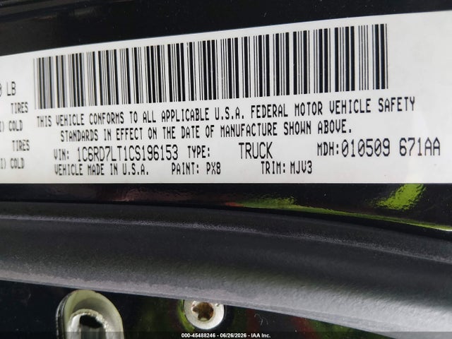 Aukcja sprzedaży 2012 Ram 1500 Big Horn, vin: 1C6RD7LT1CS196153, numer aukcji: 45488246