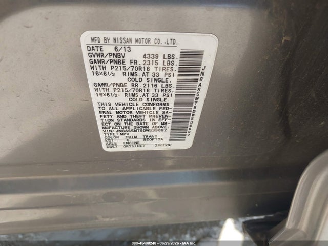 45488248 :رقم المزاد ، JN8AS5MT9DW539692 vin ، 2013 Nissan Rogue S مزاد بيع