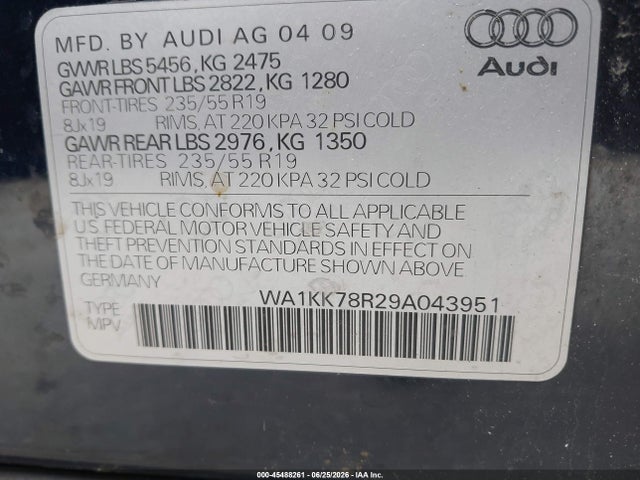 Aukcja sprzedaży 2009 Audi Q5 3.2 Premium, vin: WA1KK78R29A043951, numer aukcji: 45488261