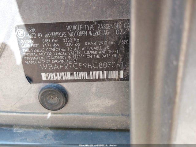 Продаж на аукціоні авто 2011 Bmw 535i, vin: WBAFR7C59BC807051, номер лоту: 45488288