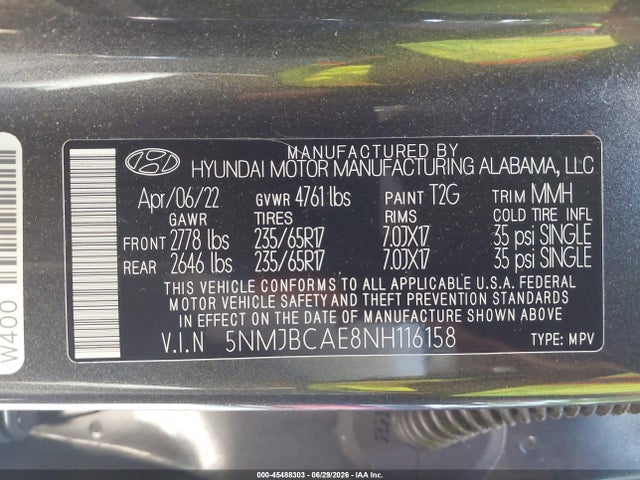 Aukcja sprzedaży 2022 Hyundai Tucson Sel, vin: 5NMJBCAE8NH116158, numer aukcji: 45488303
