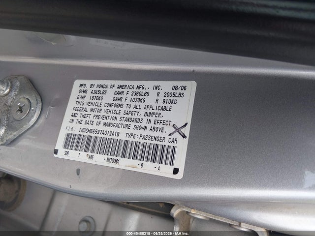 45488315 :رقم المزاد ، 1HGCM66597A012418 vin ، 2007 Honda Accord 3.0 Ex مزاد بيع