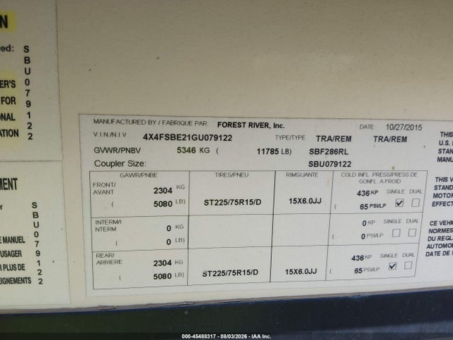 Продажа на аукционе авто 2016 Forest River Other, vin: 4X4FSBE21GU079122, номер лота: 45488317